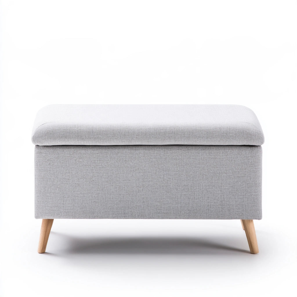 Gray mid-century modern storage bench by coatandcatchall, showing a sleek, upholstered design with a hinged seat for storage.