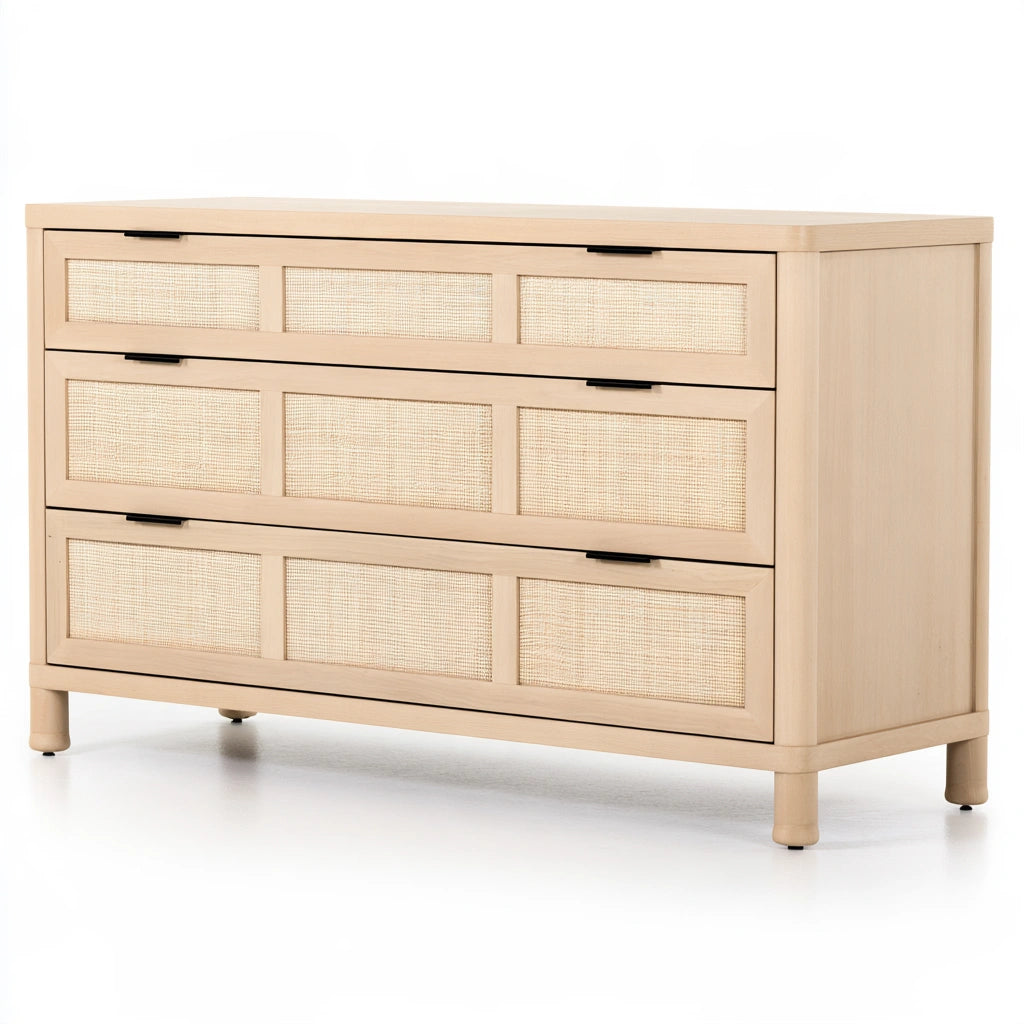 Gray three-drawer ladekast with a mid-century style, made by CoatandCatchall, featuring sleek design and light honey finish.