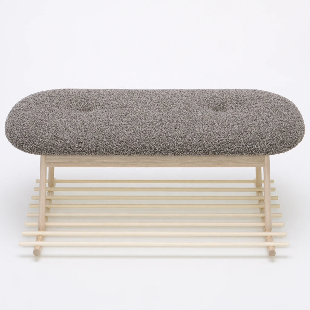 Minimalist bamboo shoe bench with built-in storage in natural brown, perfect for entryways, from coatandcatchall.