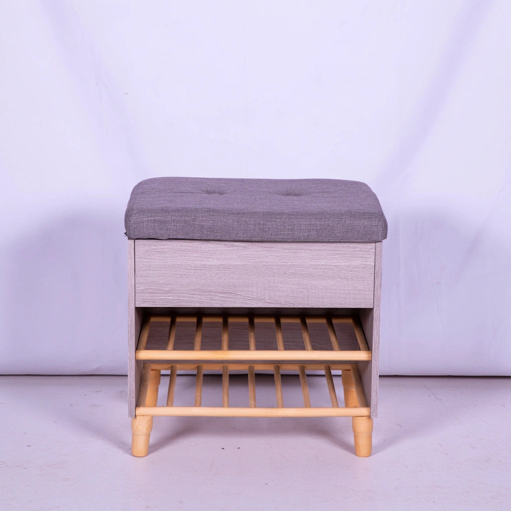 Minimalist bamboo shoe bench with built-in storage in natural brown, ideal for entryway organization and modern home decor.