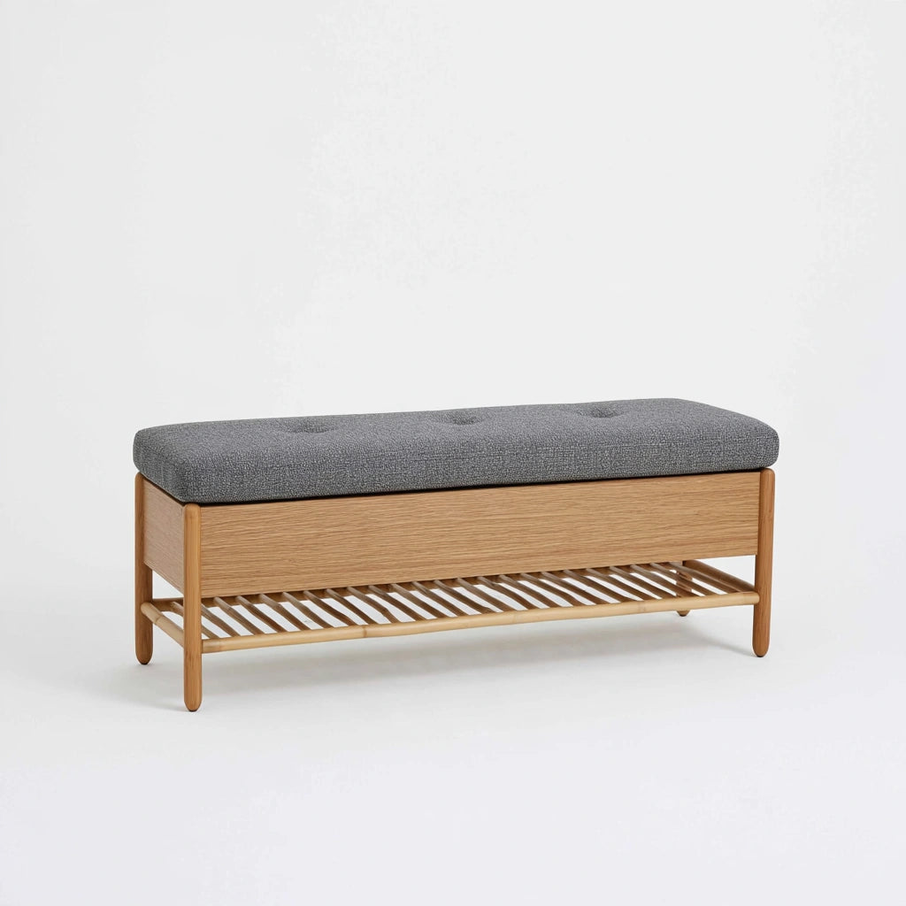 Minimalist bamboo shoe bench with built-in storage in natural brown, ideal for entryways and organized shoe storage.