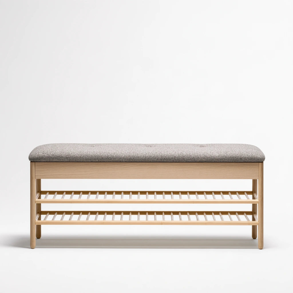 Minimalist bamboo shoe bench with built-in storage in natural brown, perfect for entryway organization and stylish home decor.