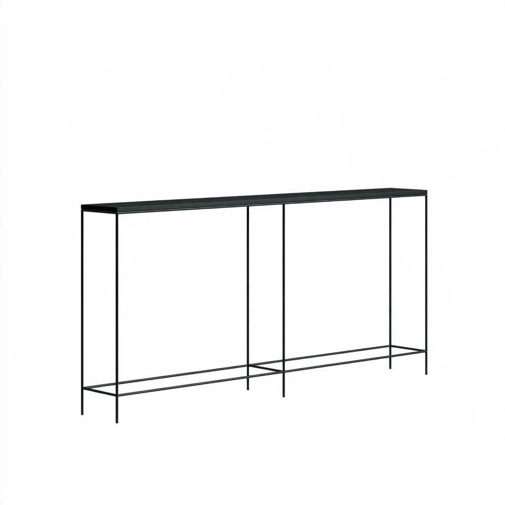 Black minimalist console table from coatandcatchall, haltafels design, shown from a three-quarter angle with sleek modern style