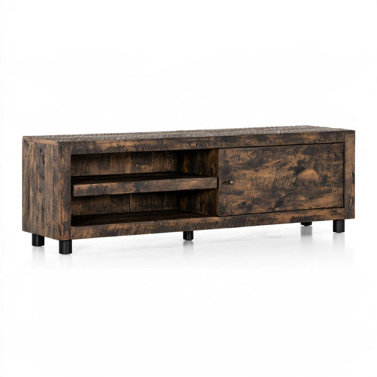 Rustic wooden sideboard with a brown and light oak finish, featuring multiple storage compartments and a natural wood grain appearance.