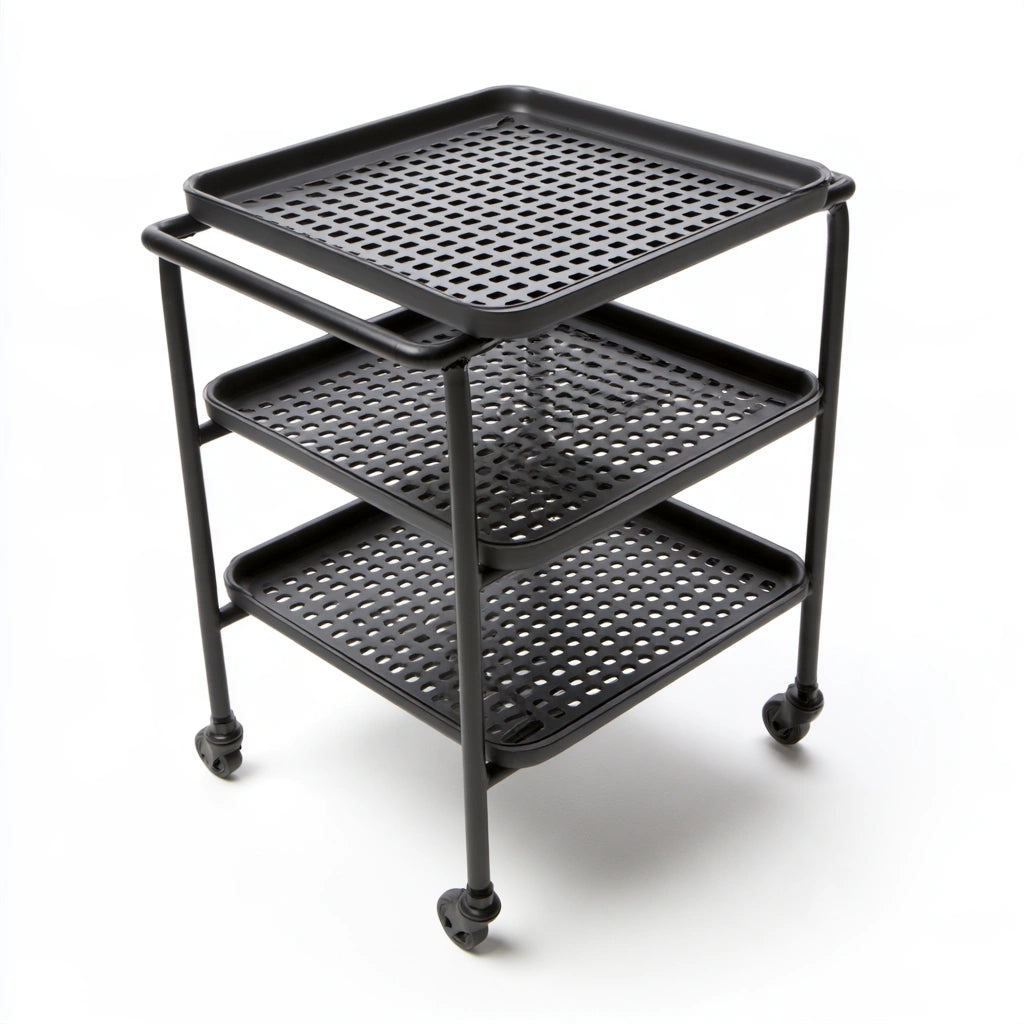Matte black three-level rolling service cart with wheels, ideal for serving or storage, by CoatandCatchall.