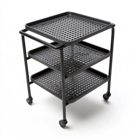 Matte black three-level rolling service cart with wheels, ideal for serving or storage, by CoatandCatchall.