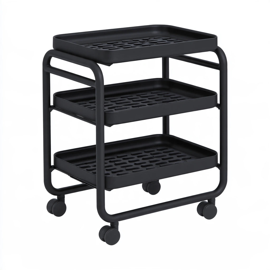 Matte black three-tier rolling service cart with wheels, perfect for serving and storage, by CoatandCatchall.
