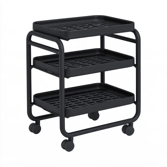 Matte black three-tier rolling service cart with wheels, perfect for serving and storage, by CoatandCatchall.
