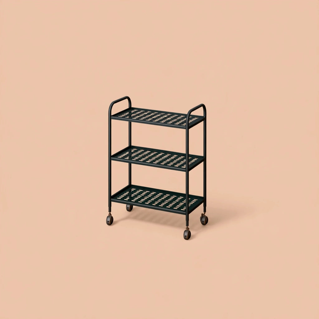 Matte black three-level rolling service cart with wheels, ideal for serving or storage, by CoatandCatchAll.