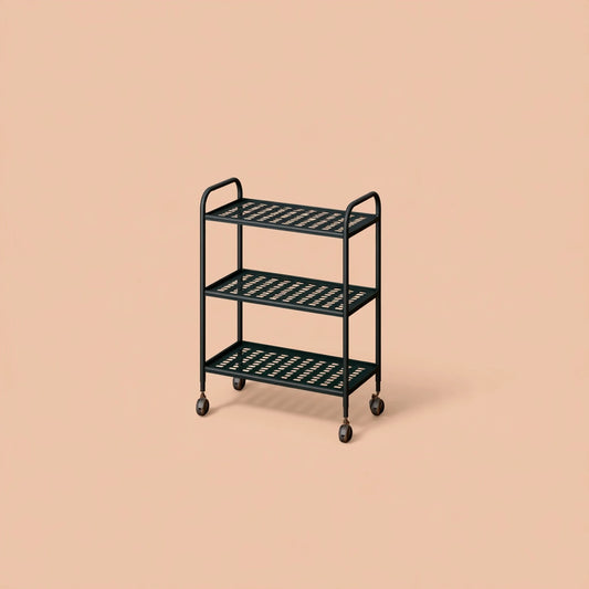 Matte black three-level rolling service cart with wheels, ideal for serving or storage, by CoatandCatchAll.
