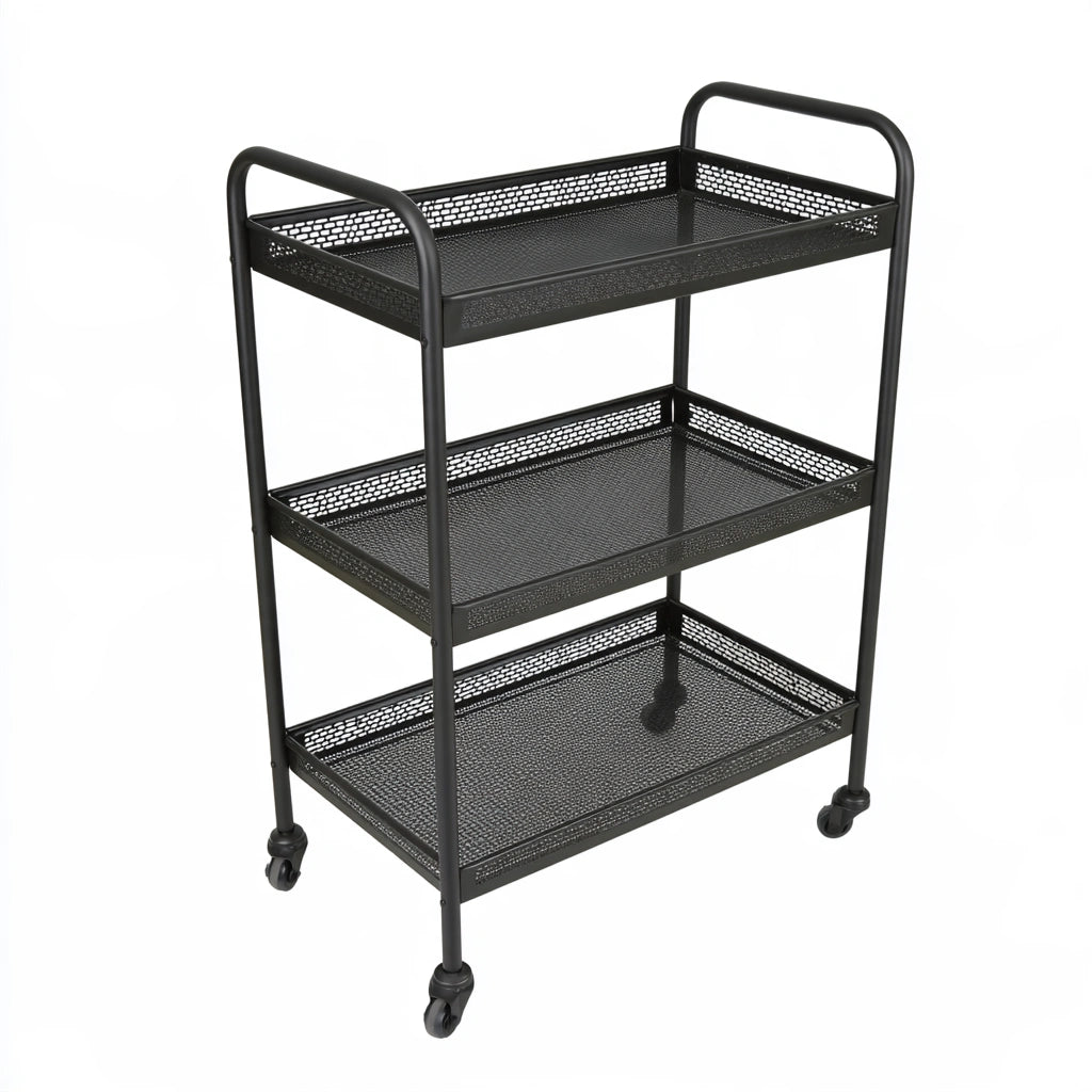 Matte black three-level rolling service cart with wheels, perfect for serving or storage in a professional setting.