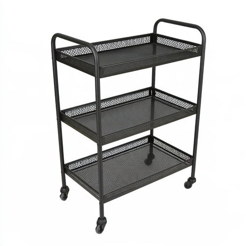 Matte black three-level rolling service cart with wheels, perfect for serving or storage in a professional setting.