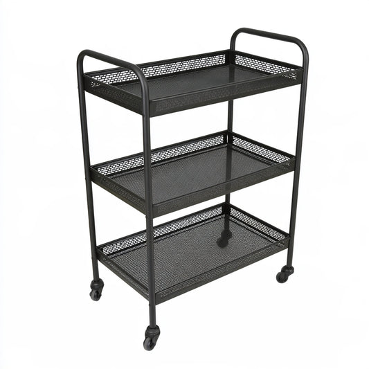 Matte black three-level rolling service cart with wheels, perfect for serving or storage in a professional setting.