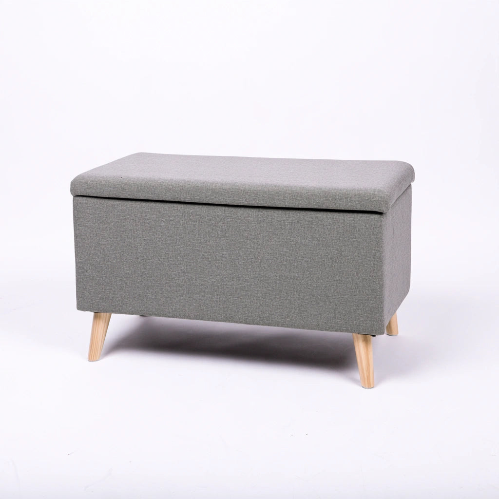 Gray mid-century modern storage bench by coatandcatchall, featuring a sleek design and sturdy wooden legs for versatile use