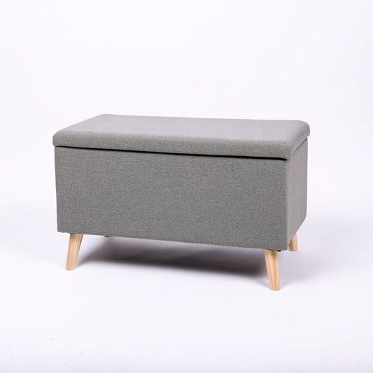 Gray mid-century modern storage bench by coatandcatchall, featuring a sleek design and sturdy wooden legs for versatile use