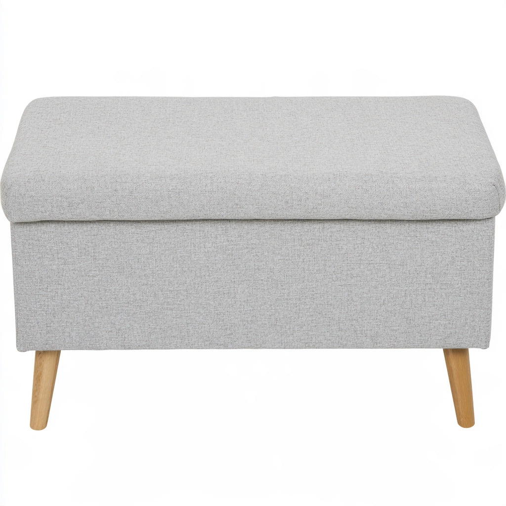 Gray mid-century modern storage bench from coatandcatchall, showcasing a sleek, practical design with a cushioned top for seating.