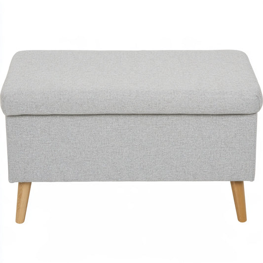 Gray mid-century modern storage bench from coatandcatchall, showcasing a sleek, practical design with a cushioned top for seating.