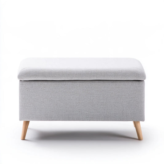Gray mid-century modern storage bench by coatandcatchall, showing a sleek, upholstered design with a hinged seat for storage.