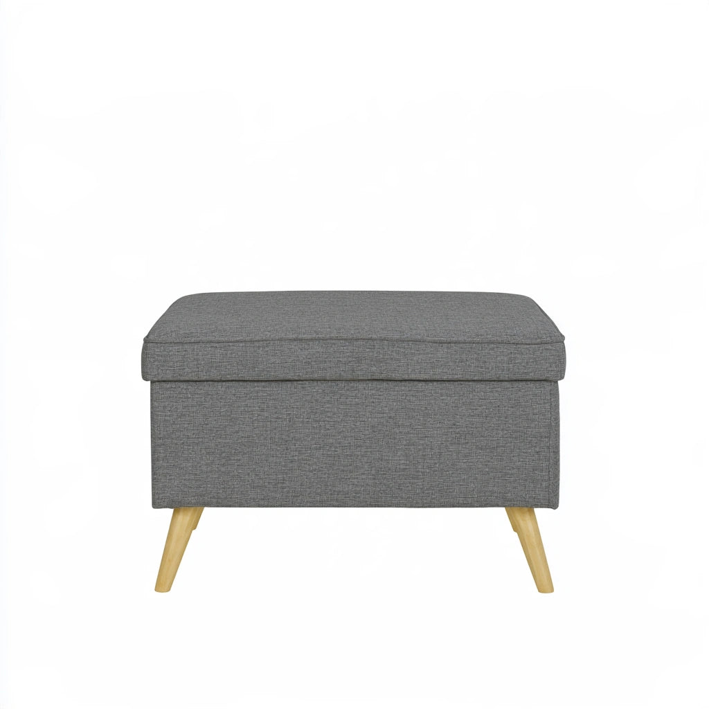 Gray mid-century modern storage bench by coatandcatchall, showing a sleek, minimalist design with a cushioned top and storage space underneath.