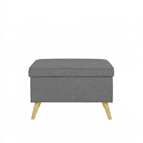 Gray mid-century modern storage bench by coatandcatchall, showing a sleek, minimalist design with a cushioned top and storage space underneath.
