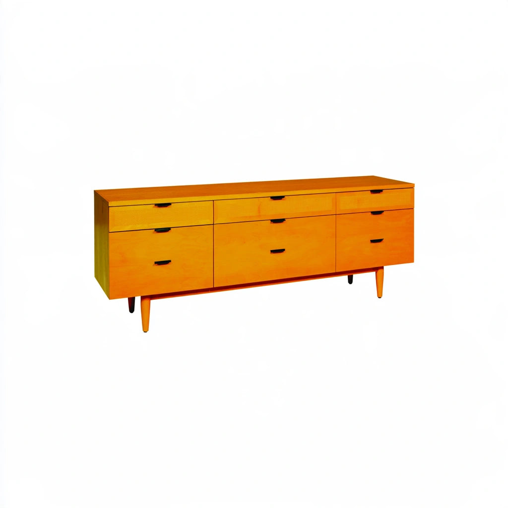 Light honey-colored mid-century style three-drawer coatandcatchall ladekast with sleek design and silver handles.