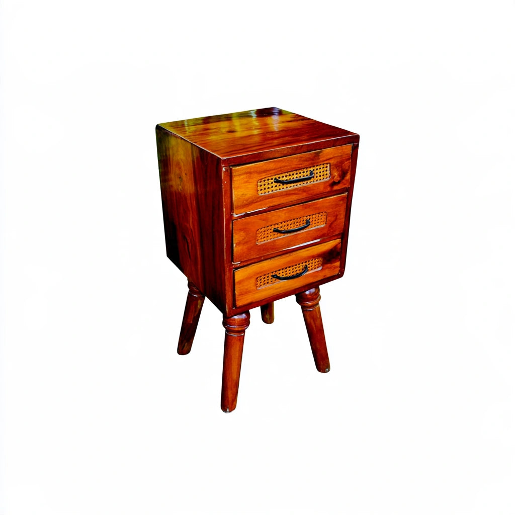 Light honey gray three-drawer mid-century style coatandcatchall ladekast with sleek modern design and wooden finish.