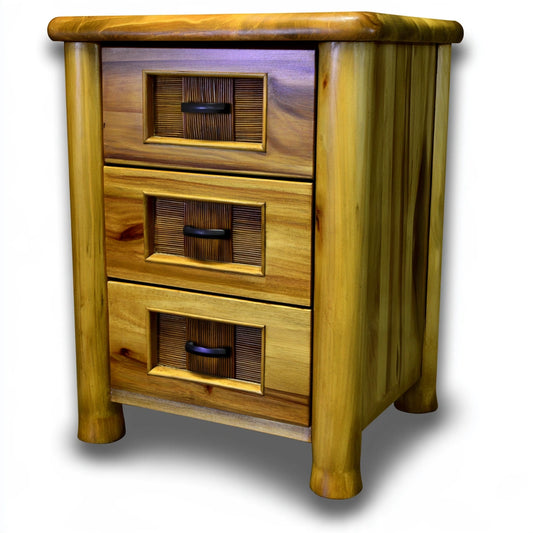 Light honey gray mid-century style three-drawer coatandcatchall ladekast with sleek handles and smooth finish.