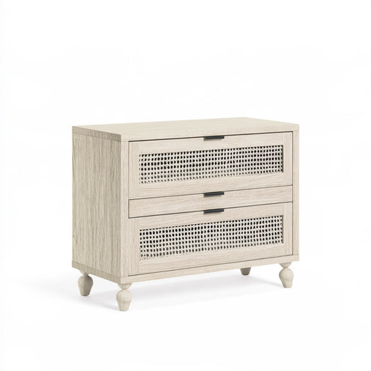 Gray three-drawer ladekast with mid-century style, made of light honey-colored wood, by CoatandCatchall.