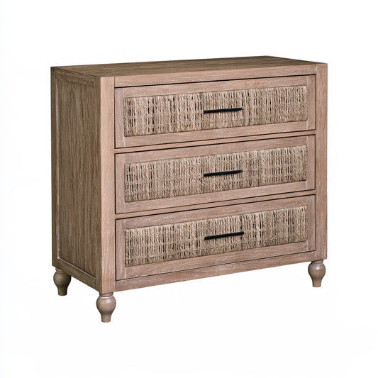 Light honey gray three-drawer mid-century style coatandcatchall ladekast with sleek wooden handles and smooth finish