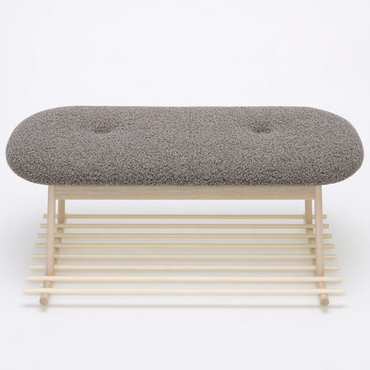 Minimalist bamboo shoe bench with built-in storage in natural brown, perfect for entryways, from coatandcatchall.