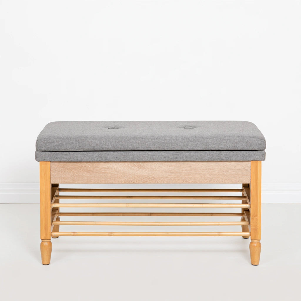 Minimalist bamboo shoe storage bench in natural brown with built-in shoe compartment, ideal for entryway organization.