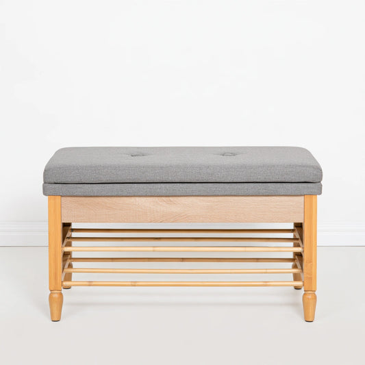 Minimalist bamboo shoe storage bench in natural brown with built-in shoe compartment, ideal for entryway organization.