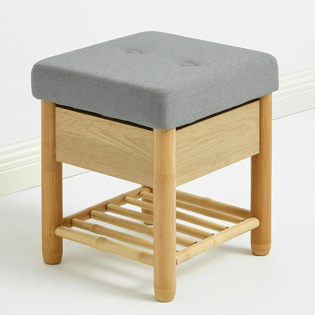 Natural bamboo shoe bench with built-in shoe storage, minimalist design in natural brown, by coatandcatchall.