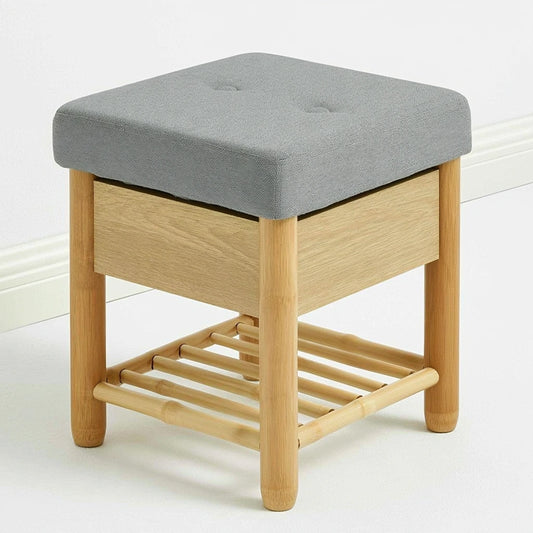 Natural bamboo shoe bench with built-in shoe storage, minimalist design in natural brown, by coatandcatchall.