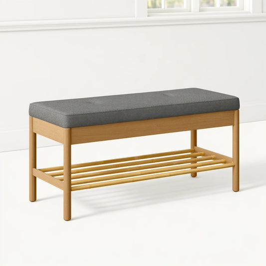 Minimalist bamboo shoe bench with built-in storage in natural brown by CoatandCatchall, ideal for entryway organization.