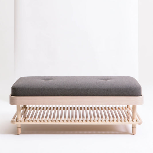CoatandCatchall bamboo shoe storage bench in natural brown with minimalist design and built-in shoe storage for entryway organization.