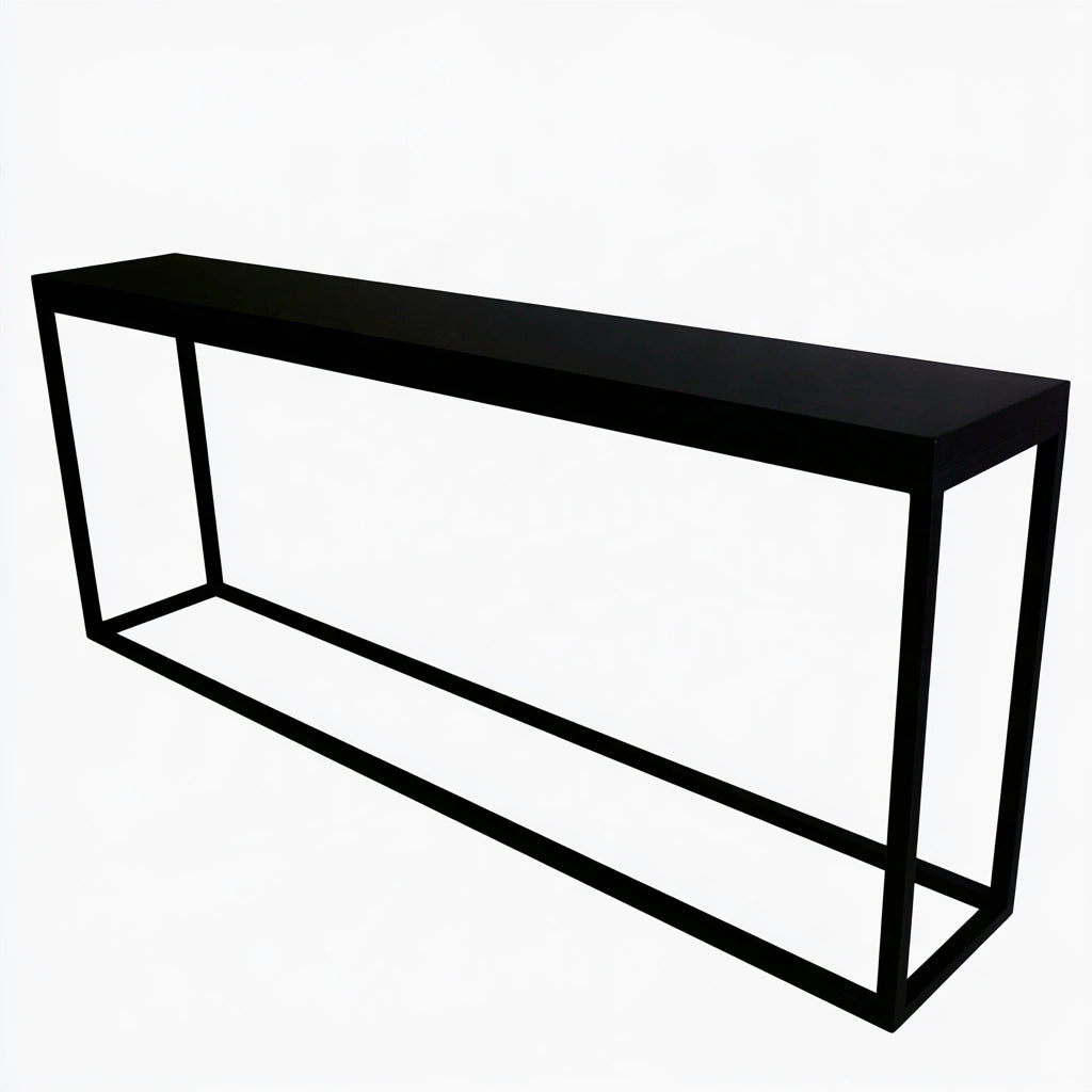Minimalist black coat and hall table from Coatandcatchall, shown from a three-quarter angle in a modern hallway setting.