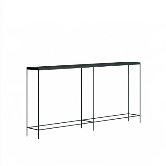 Black minimalist console table from coatandcatchall, haltafels design, shown from a three-quarter angle with sleek modern style