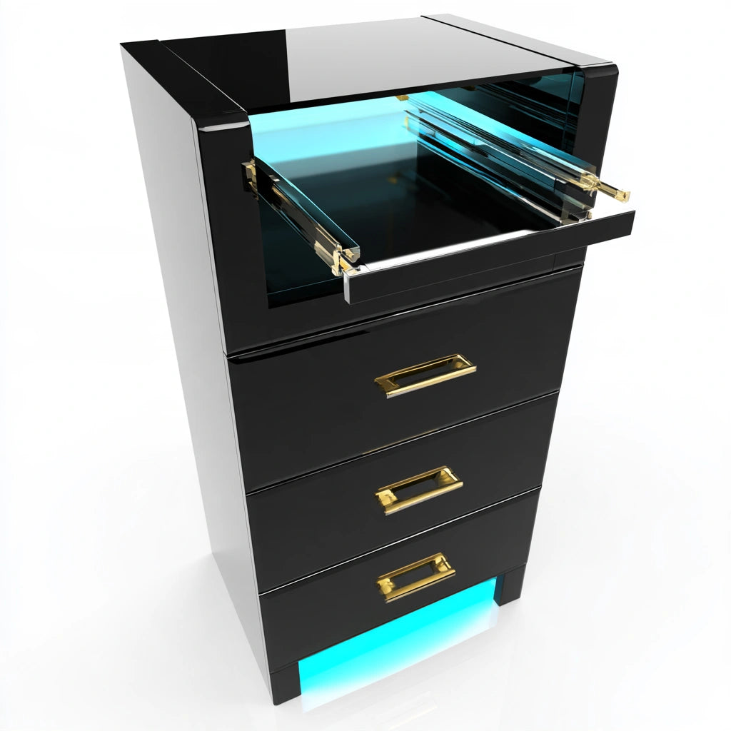 Minimalist black nightstand with blue LED lighting, from coatandcatchall, featuring a sleek modern design in blue and black tones.