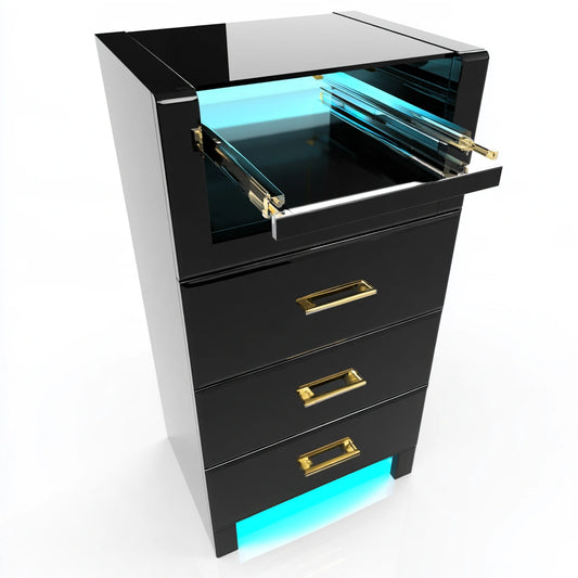Minimalist black nightstand with blue LED lighting, from coatandcatchall, featuring a sleek modern design in blue and black tones.