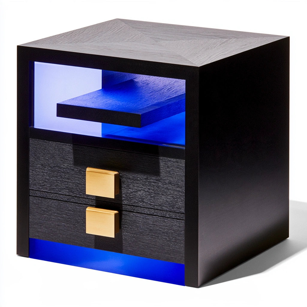 Minimalist black nightstand with blue LED lighting, featuring a sleek modern design from coatandcatchall in blue and black color.