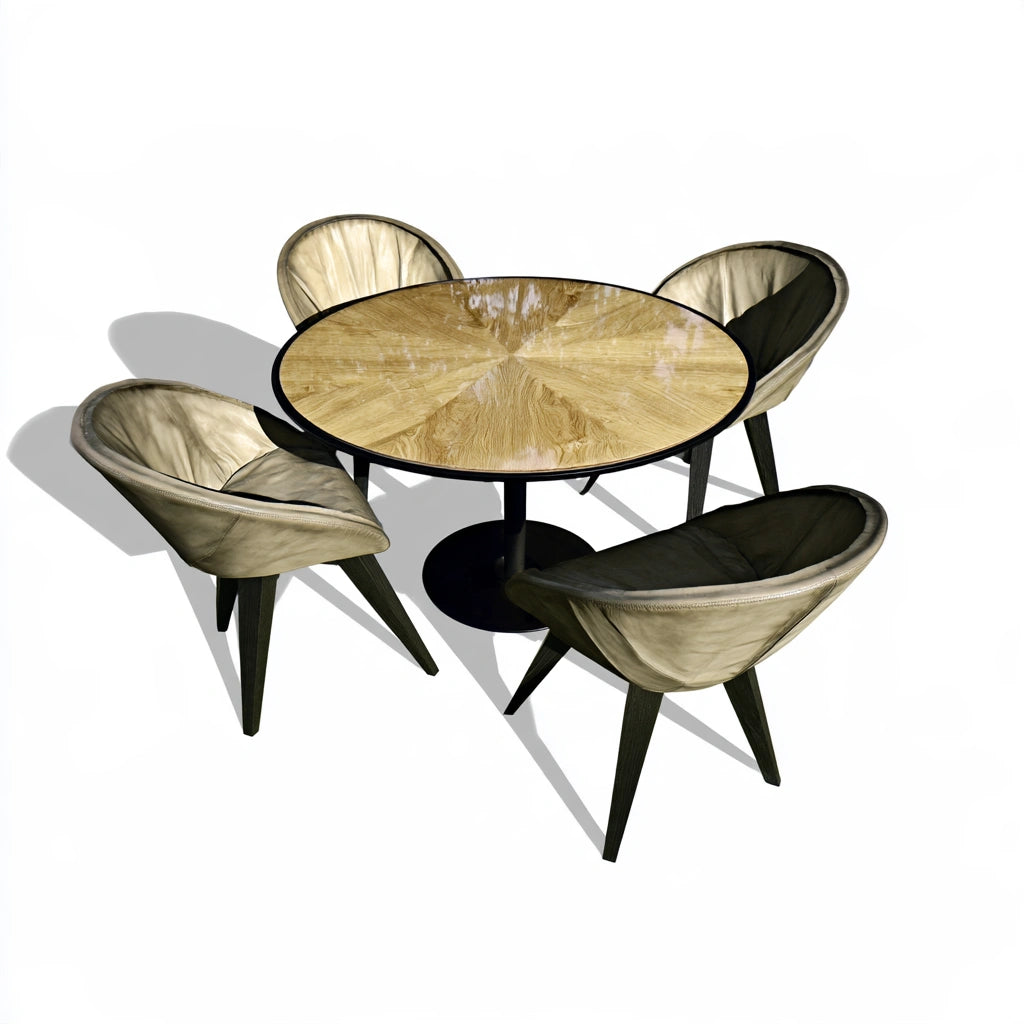 Contemporary gray dining room set with minimalist table and matching chairs, showcasing sleek modern design.